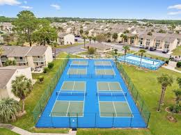 Aerial view of Gulf Highlands recreation courts and pool